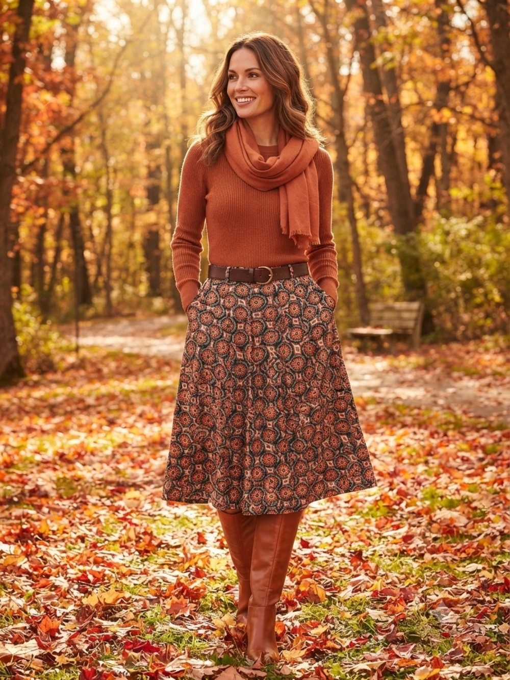 LuLaRoe Burnt Orange and Brown Printed Midi Skirt
